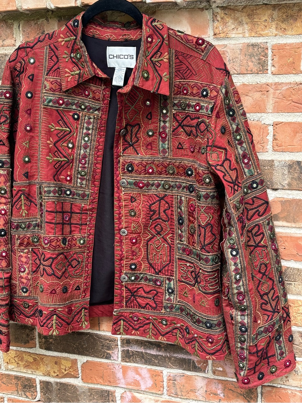Chicos Embroidered Boho Jacket 100% Cotton Button Front Fully Lined Size 2/12-14